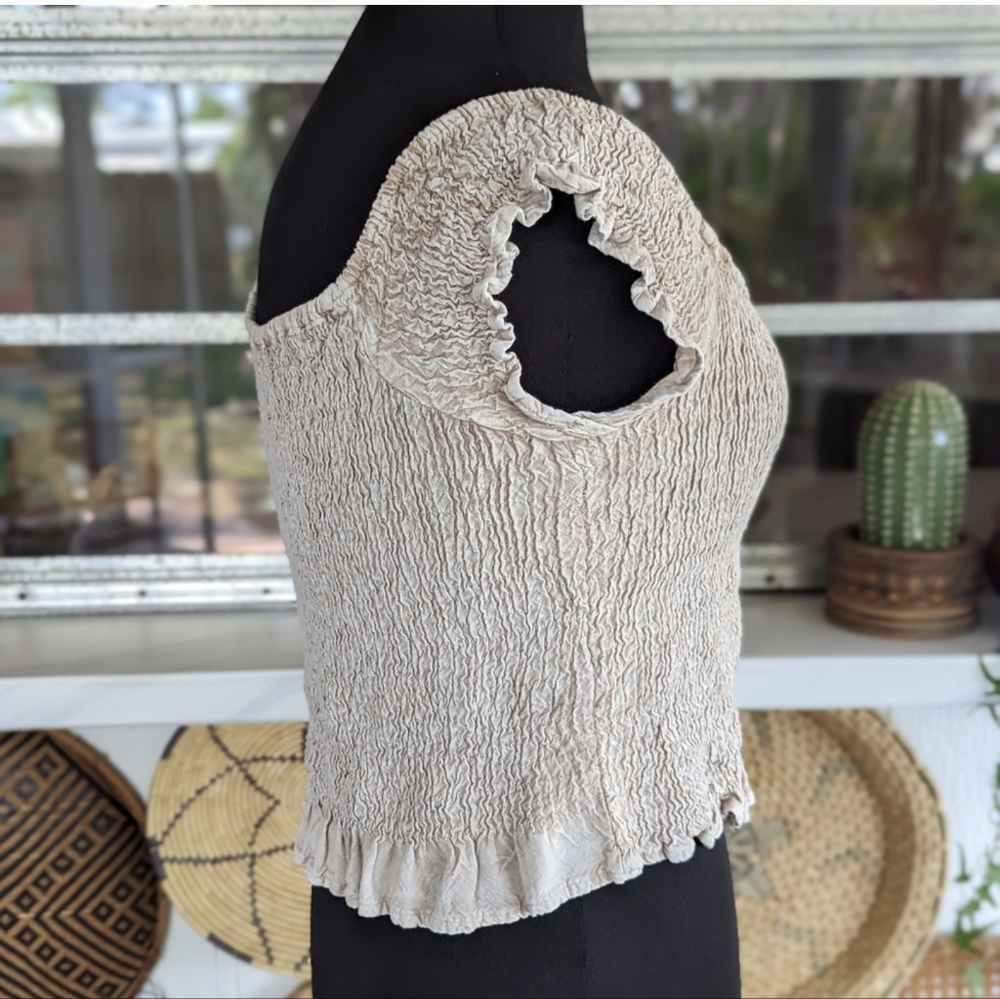 Vintage Hippie Crop Top Smocked Neutral Free Size Tee Beach Coastal Cowgirl - Picture 6 of 14